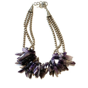Ali Khan NY Multi Strand Amethyst Stone Necklace Silver Tone Bead Hook Close 16"